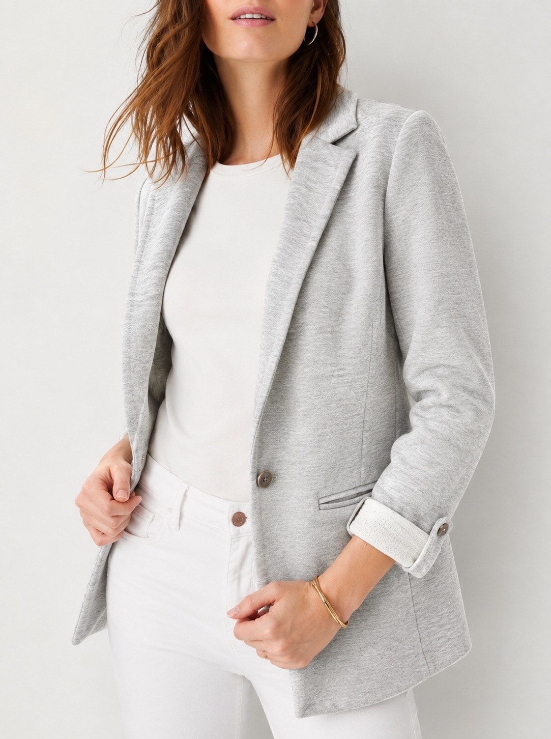 Ann Taylor Knit Blazer Jacket Gray Heather Cotton One Button Roll Tab Sleeve 6